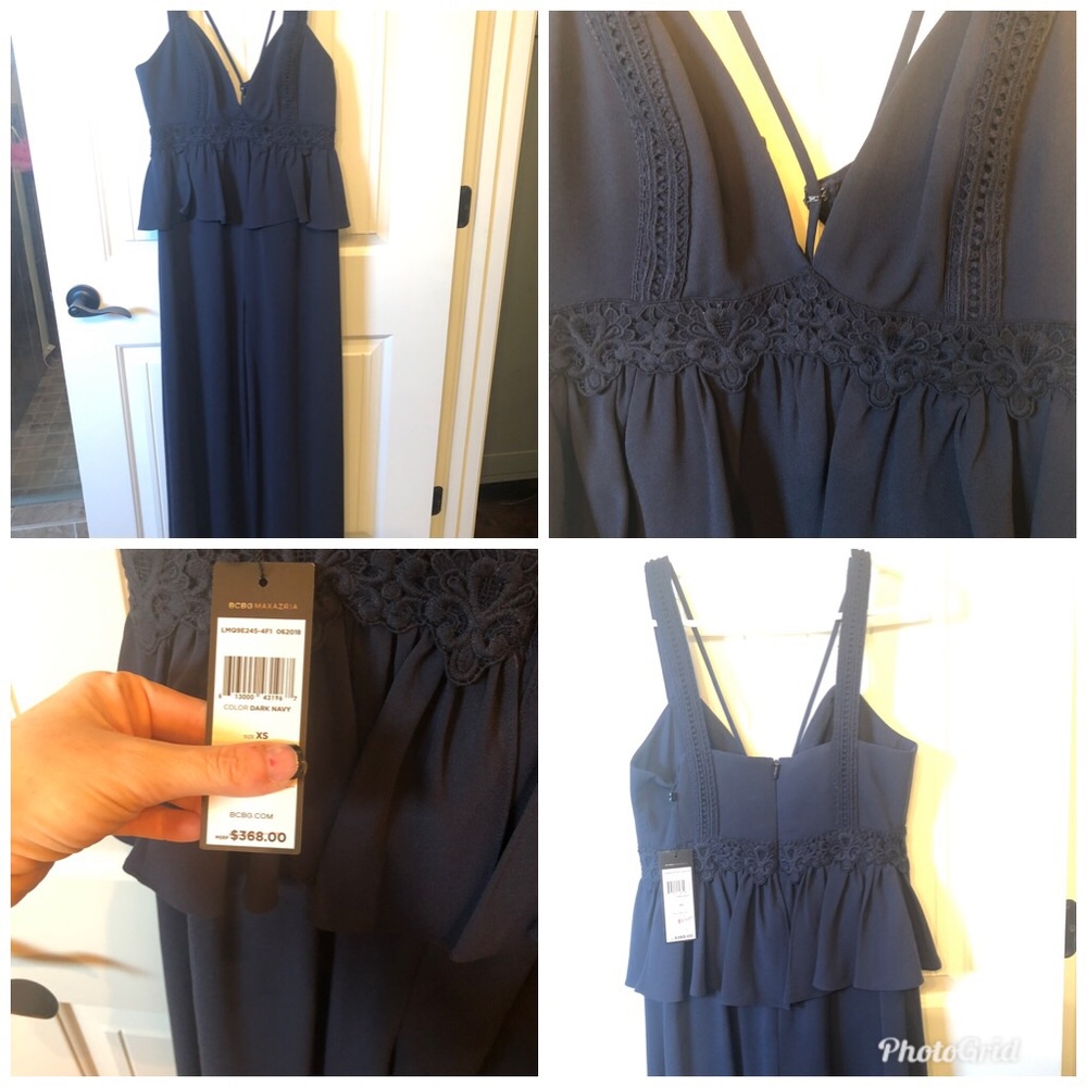 BCBGMAXAZRIA Navy New Embroidered Peplum Jumpsuit